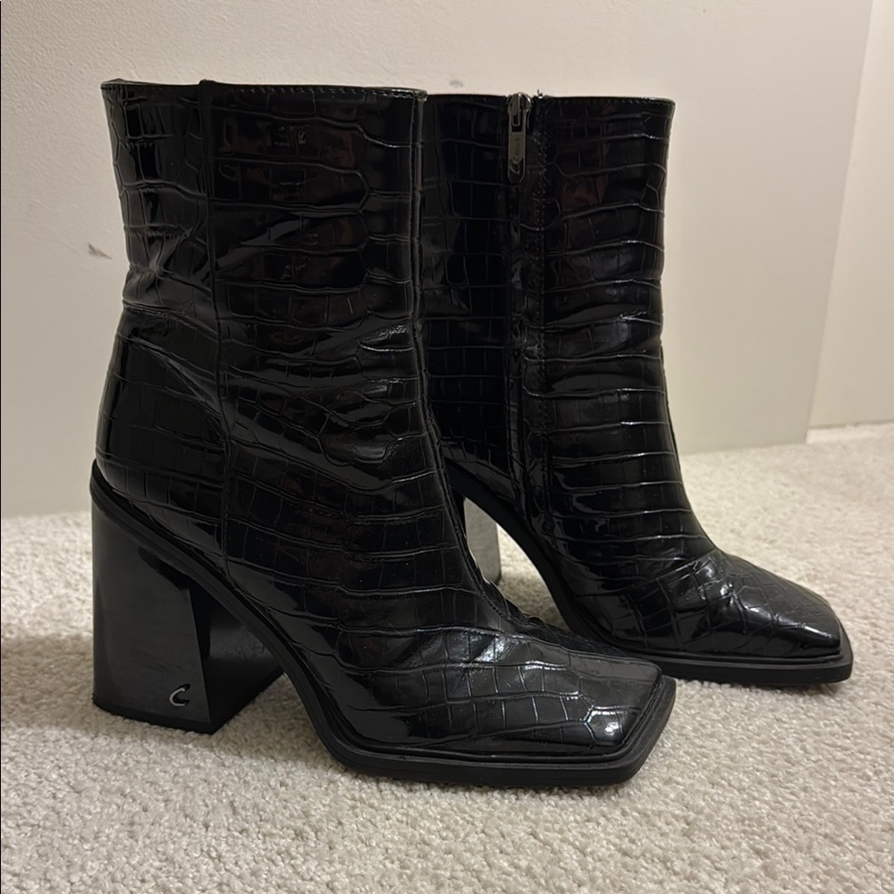 Black Croc-Embossed Ankle Bootie